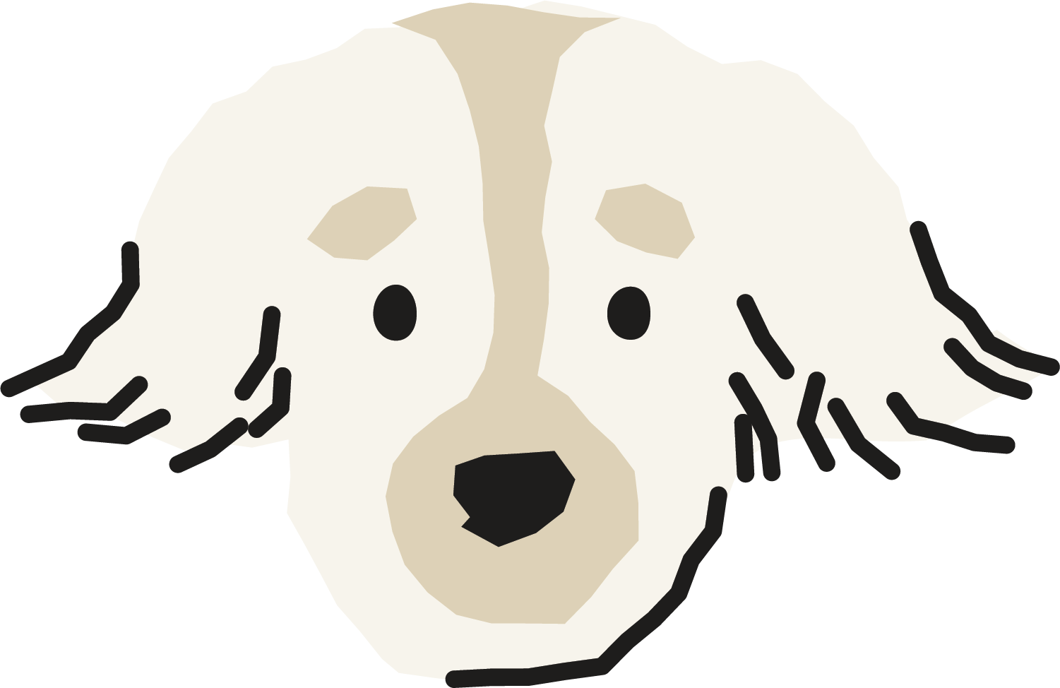 Simple illustration of a cute puppy's face with floppy ears, black eyes, and a black nose.