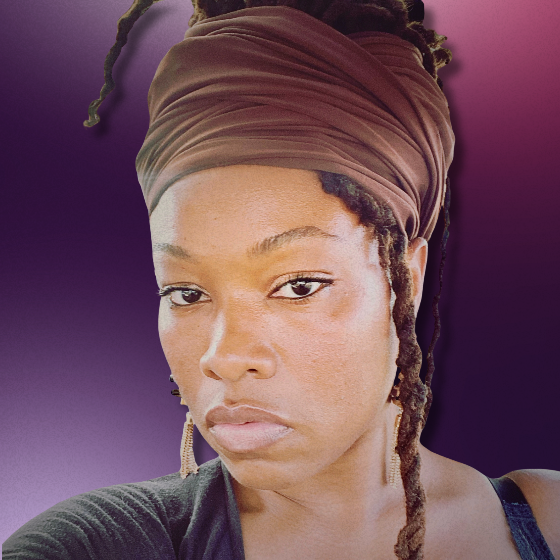 Close-up of a woman with locs wrapped in a brown headscarf, wearing a black top against a purple background.