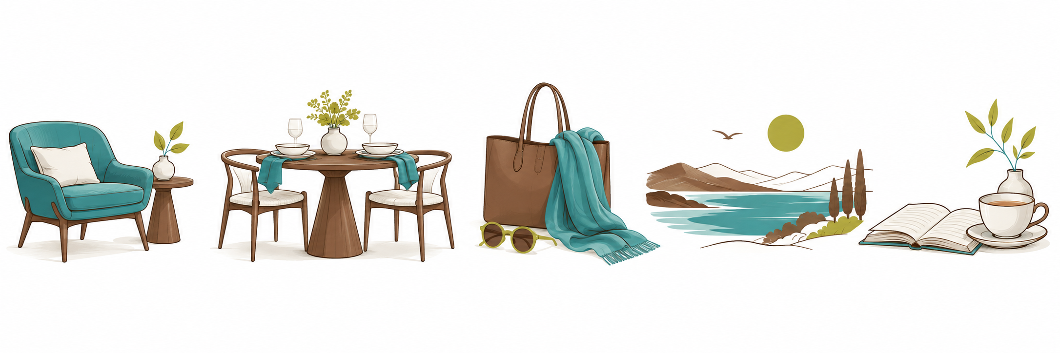 Nestwell Home, Gather, Style, Explore and Living illustrated in turquoise, warm brown and chartreuse.