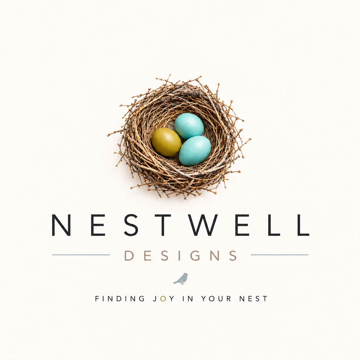 Nestwell Designs — Finding Joy in Your Nest, with a brown nest and turquoise eggs