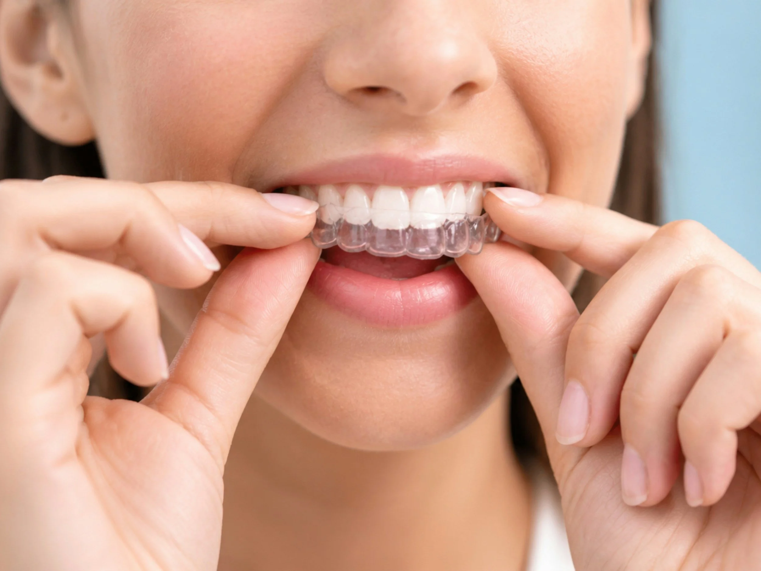 Close-up of a woman with light skin putting in a clear dental or teeth whitening aligner. She is using her fingers to place the aligner over her teeth, smiling slightly with visible teeth, with a blurred background.