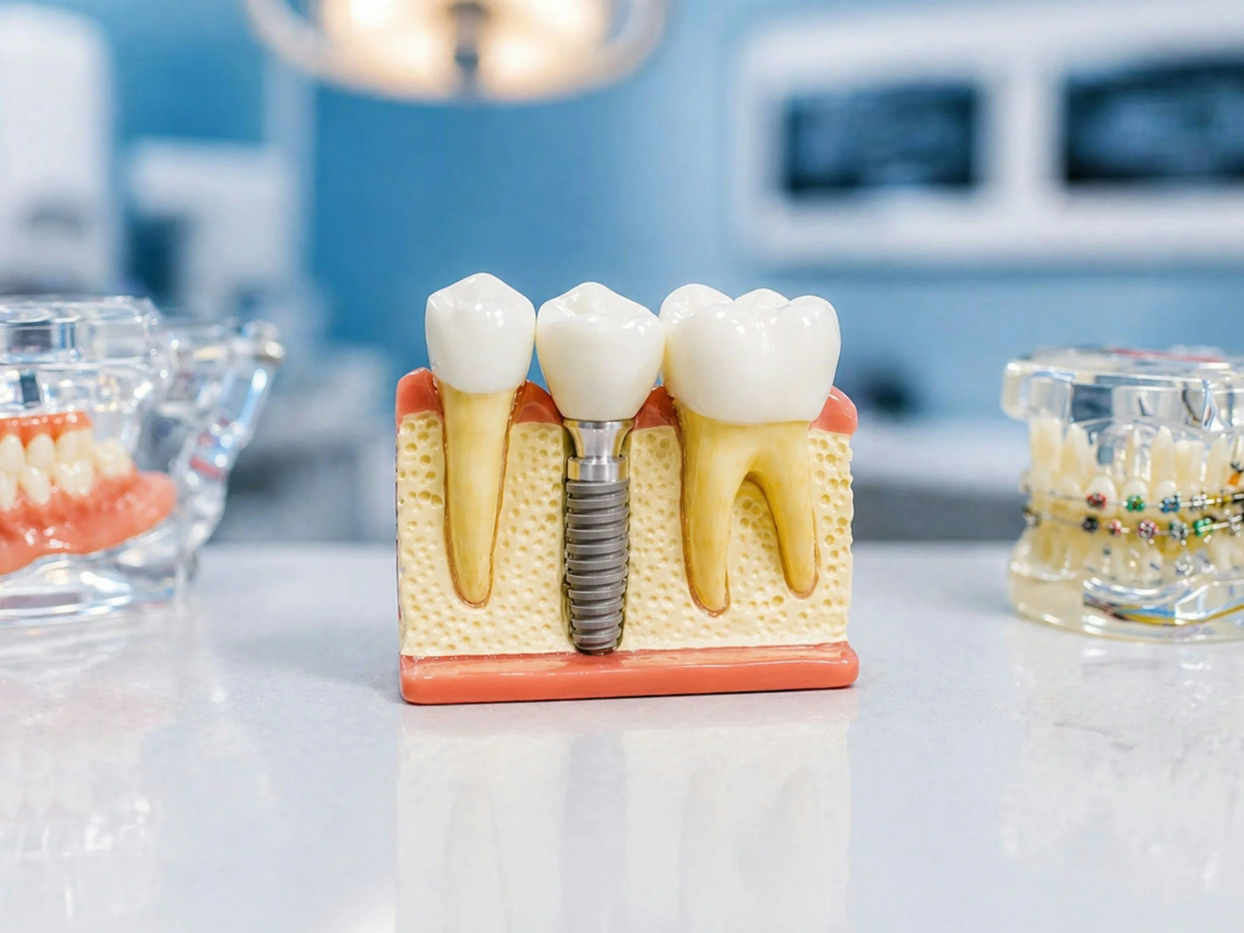 A model of a dental implant with a crown, placed on a cross-section of a human jawbone, surrounded by dental tools and models in a clinical setting.