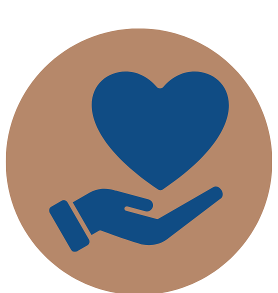 An icon of a hand holding a heart, with a brown circular background, symbolizing Legacy Family Dental's passion and level of care.