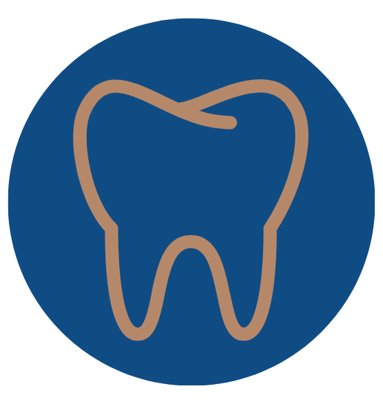 Icon of a tooth with a beige outline on a dark blue circular background. Legacy Family Dental home page icon.