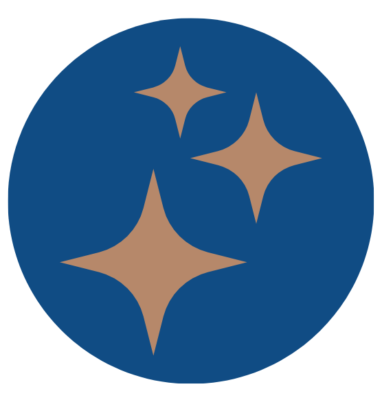 A round blue logo with four beige stars, three smaller ones surrounding a larger star.