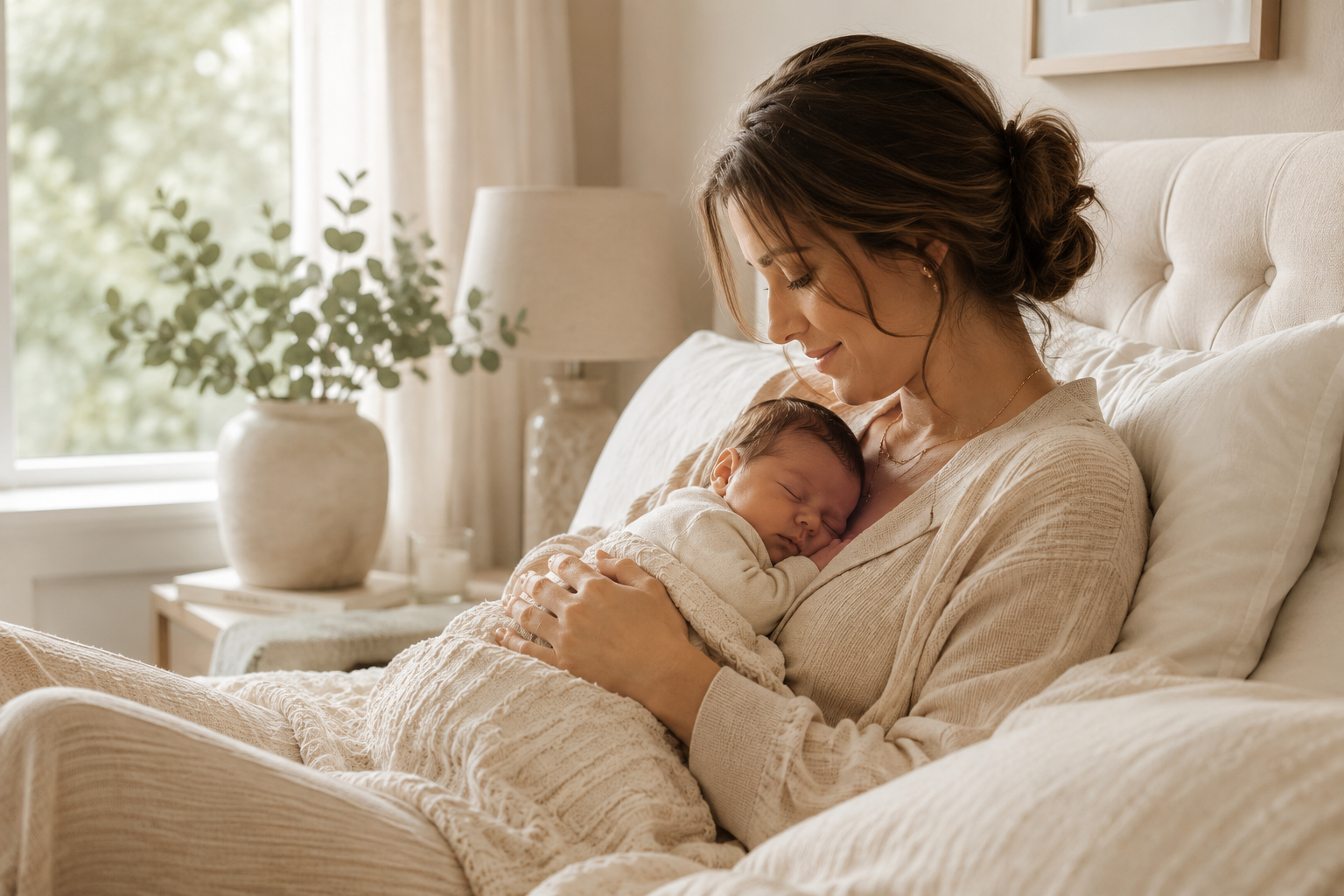 A young woman holding a sleeping baby on a bed in a softly lit bedroom.