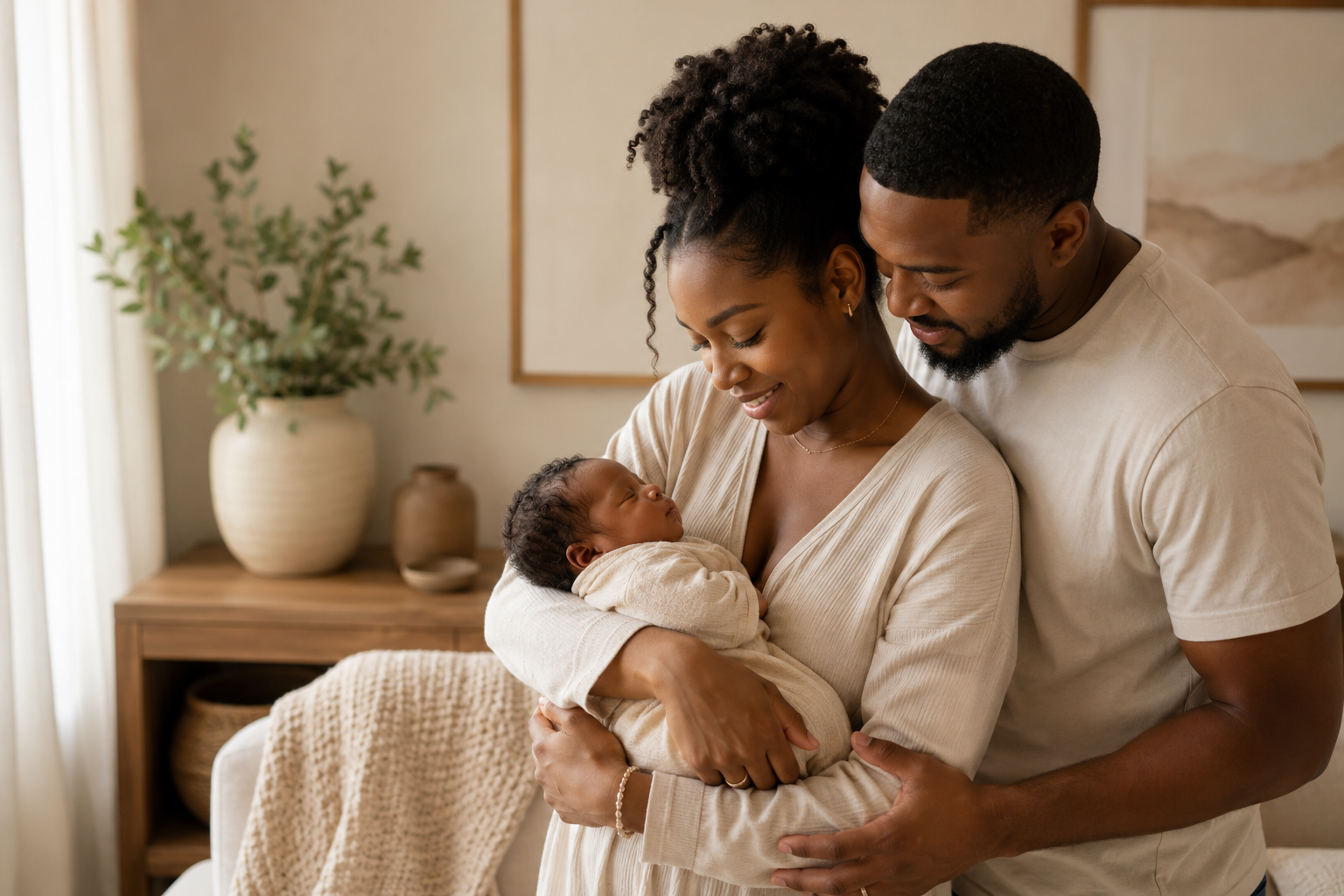 An African American couple holding their newborn baby in a cozy living room.