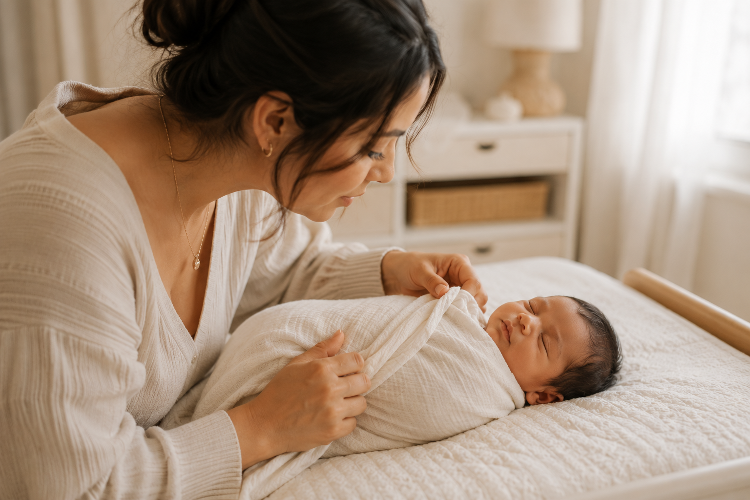 A woman gently smiling at a sleeping baby wrapped in a white blanket on a bed in a sunlit room.