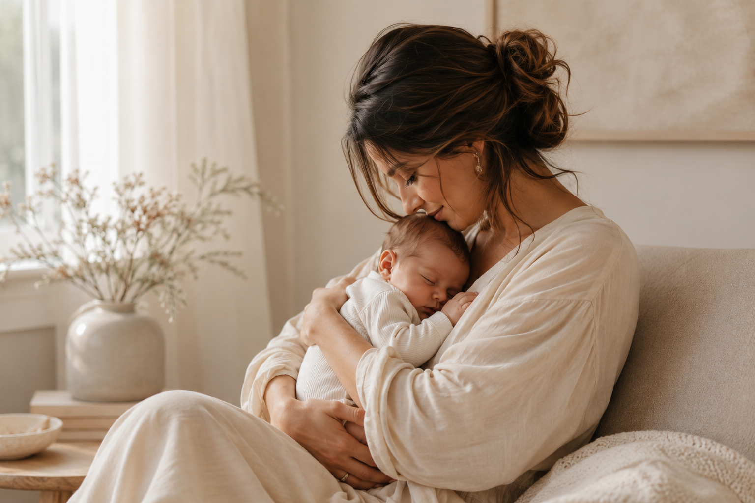 A woman holding a sleeping baby close to her chest in a cozy, softly lit room.