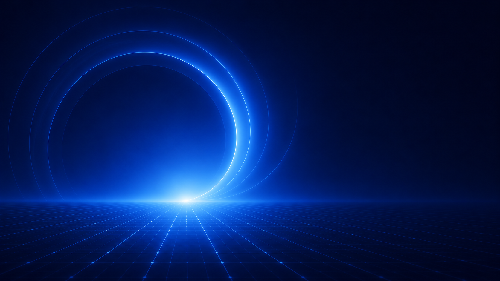 Futuristic digital scene with glowing blue concentric circles and a grid pattern on the floor, resembling a high-tech tunnel or portal.