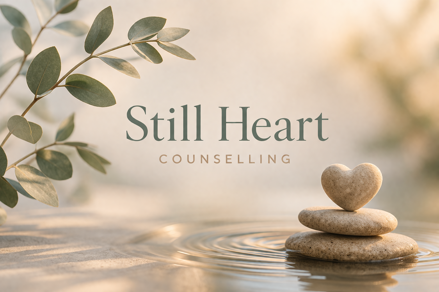 A calming image with a stack of three smooth stones on a body of water, a heart-shaped stone on top, a branch with green leaves on the left, and the text 'Still Heart COUNSELLING' in the center.