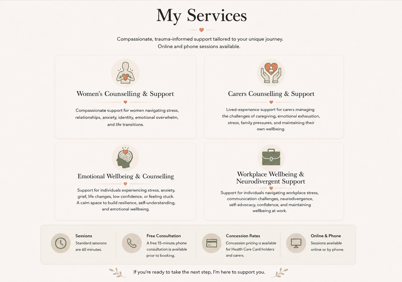 Overview of Still heart Counselling services including women's counselling, carer support, emotional wellbeing counselling, and workplace wellbeing support.