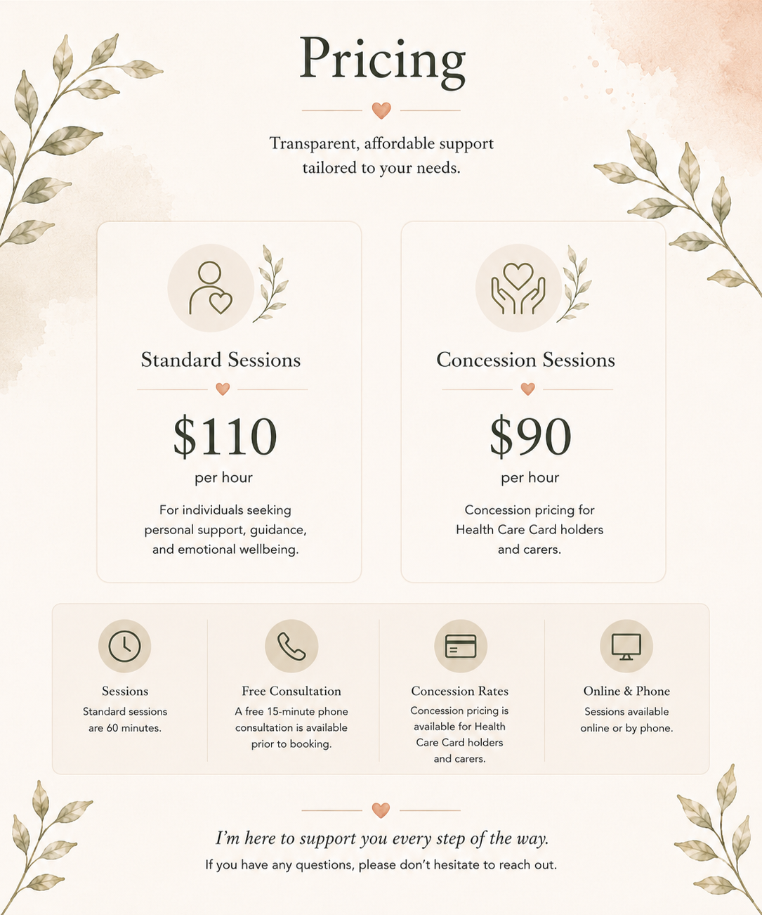 Counselling fees and pricing for Still Heart Counselling, including standard sessions and concession rates for carers and Health Care Card holders.