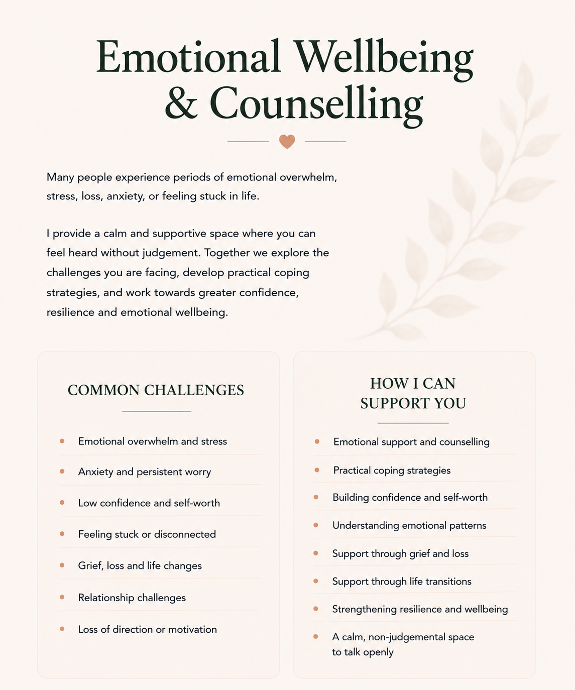 Emotional Wellbeing & Counselling page for Still Heart Counselling covering anxiety, stress, grief, low confidence, life transitions, and emotional support.