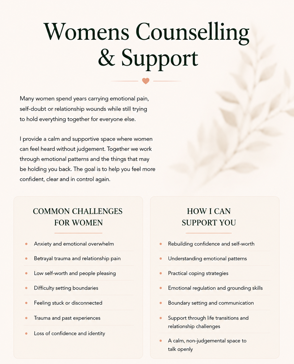 Flyer titled "Women's Counseling & Support" with two columns listing common challenges for women such as anxiety, betrayal trauma, and low self-worth, and ways to support such as rebuilding confidence, understanding emotional patterns, and emotional regulation, with a soft beige background and a subtle leaf illustration on the right side.
