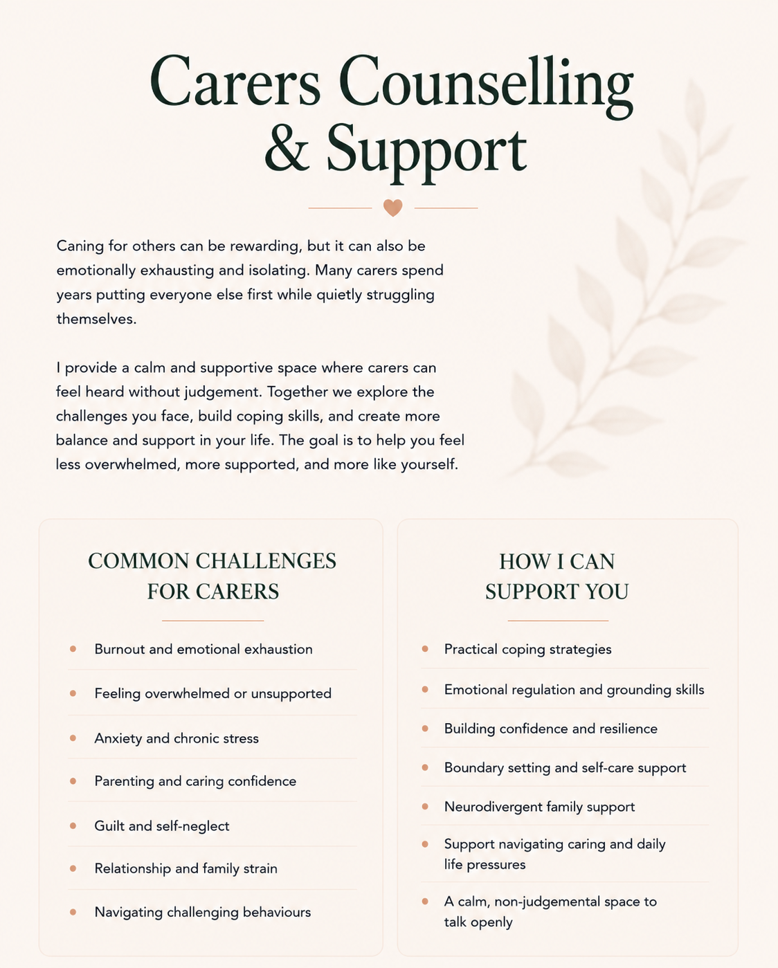 Carers Counselling & Support page covering caregiver stress, emotional exhaustion, family pressures, self-care, and resilience.