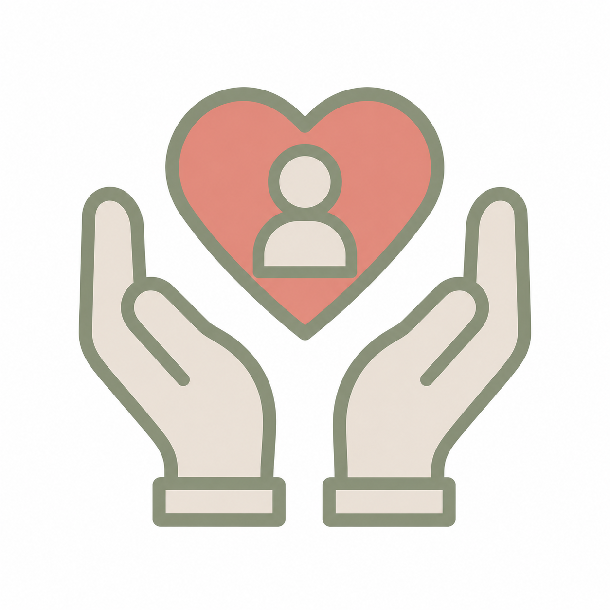 Two hands holding a heart with a person icon inside.