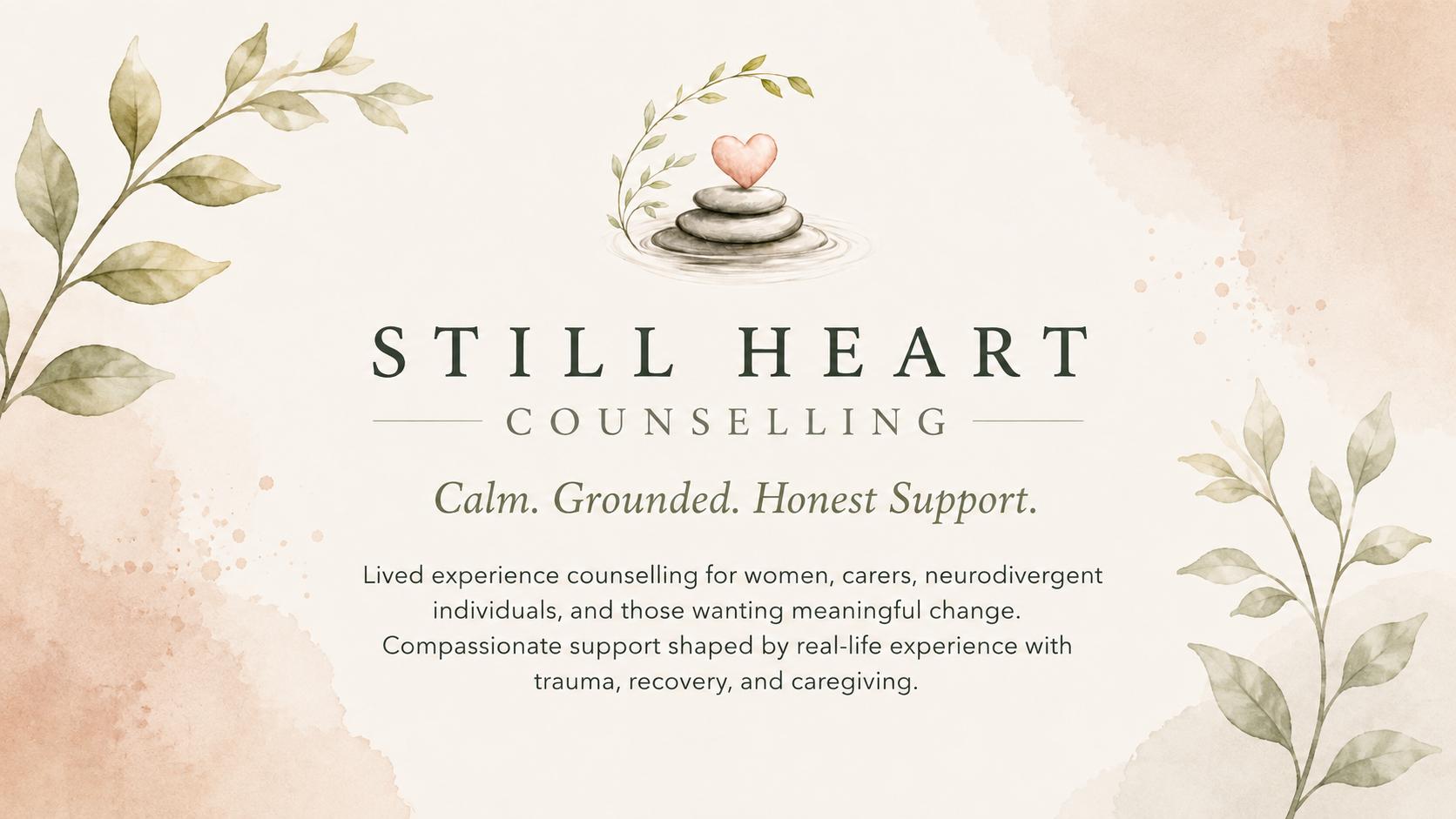 Still Heart Counselling logo and banner featuring calming nature-inspired artwork, soft neutral tones, and a heart resting on stacked stones.