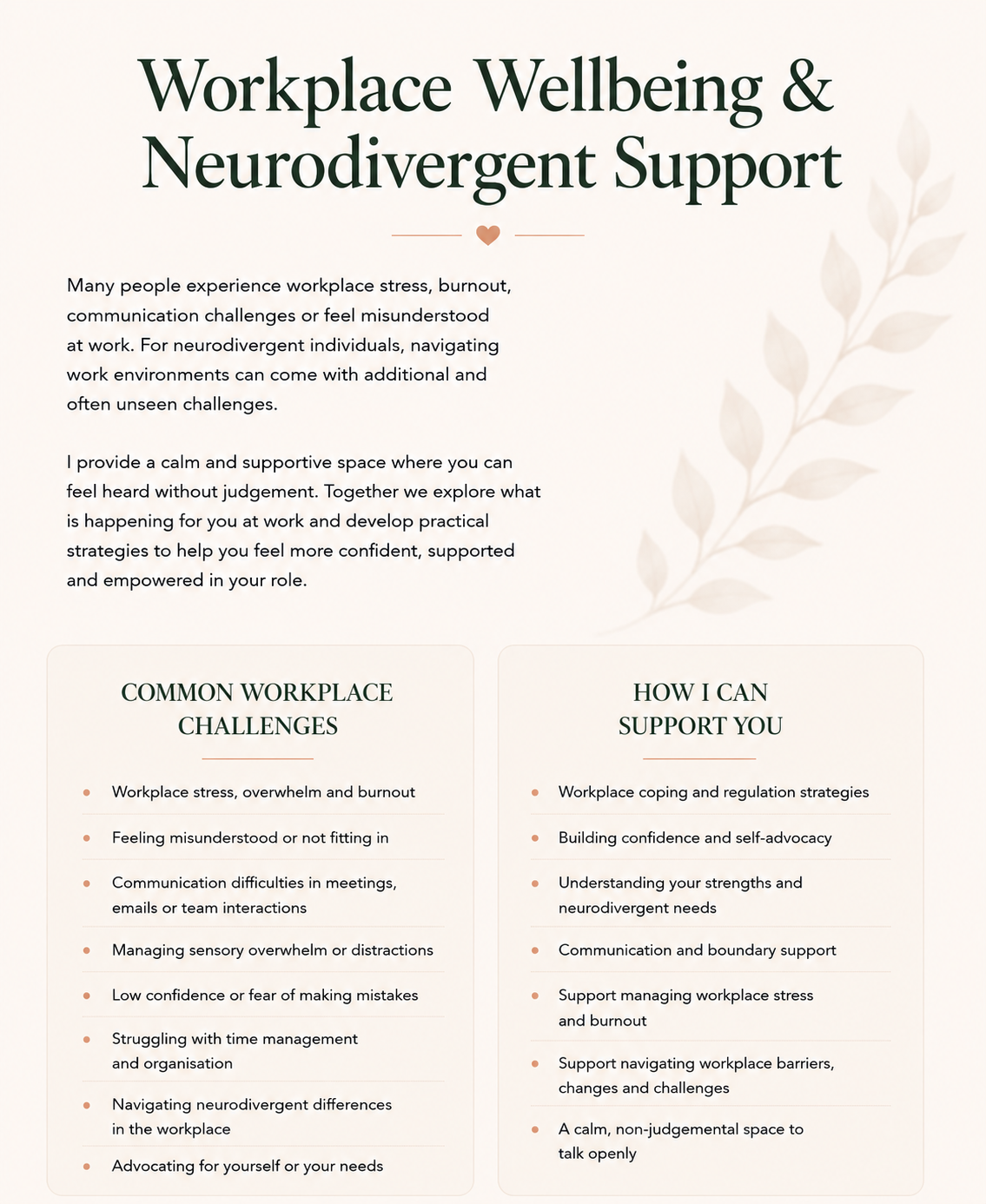 Workplace Wellbeing & Neurodivergent Support page covering workplace stress, communication challenges, self-advocacy, confidence, and neurodivergent support.