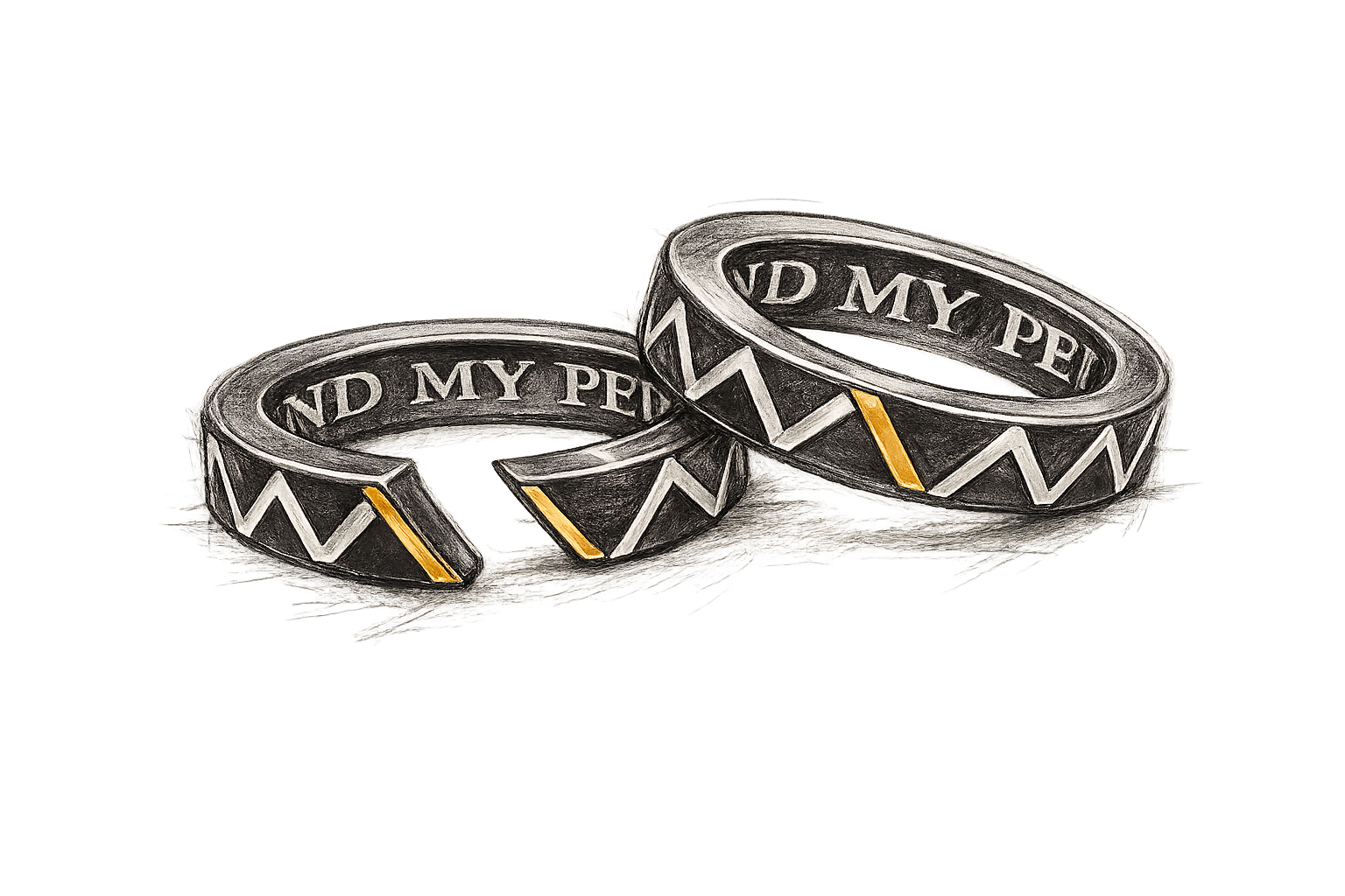 Two silver rings with engraved patterns and inscriptions, one larger than the other, placed on a neutral surface.