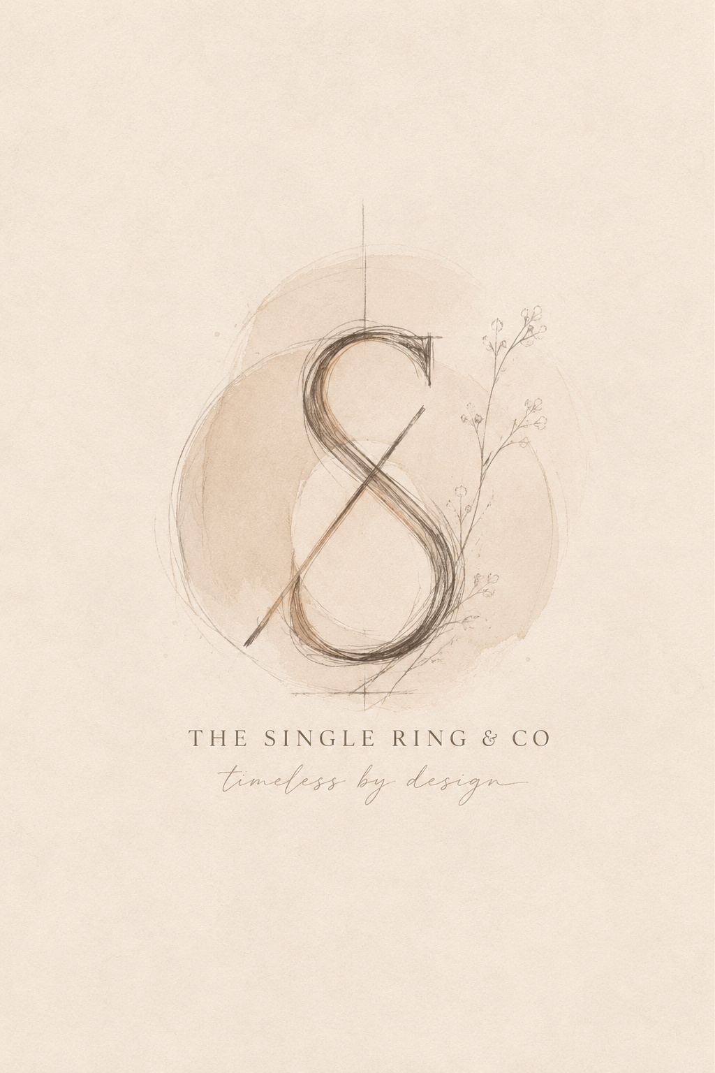 Elegant logo design for The Single Ring & Co, featuring a stylized letter 'S' with delicate botanical elements and the tagline 'timeless by design' on a soft beige background.