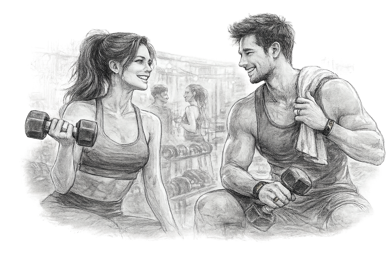 Sketch of a woman and a man at a gym, smiling at each other while holding dumbbells, with other gym members working out in the background.