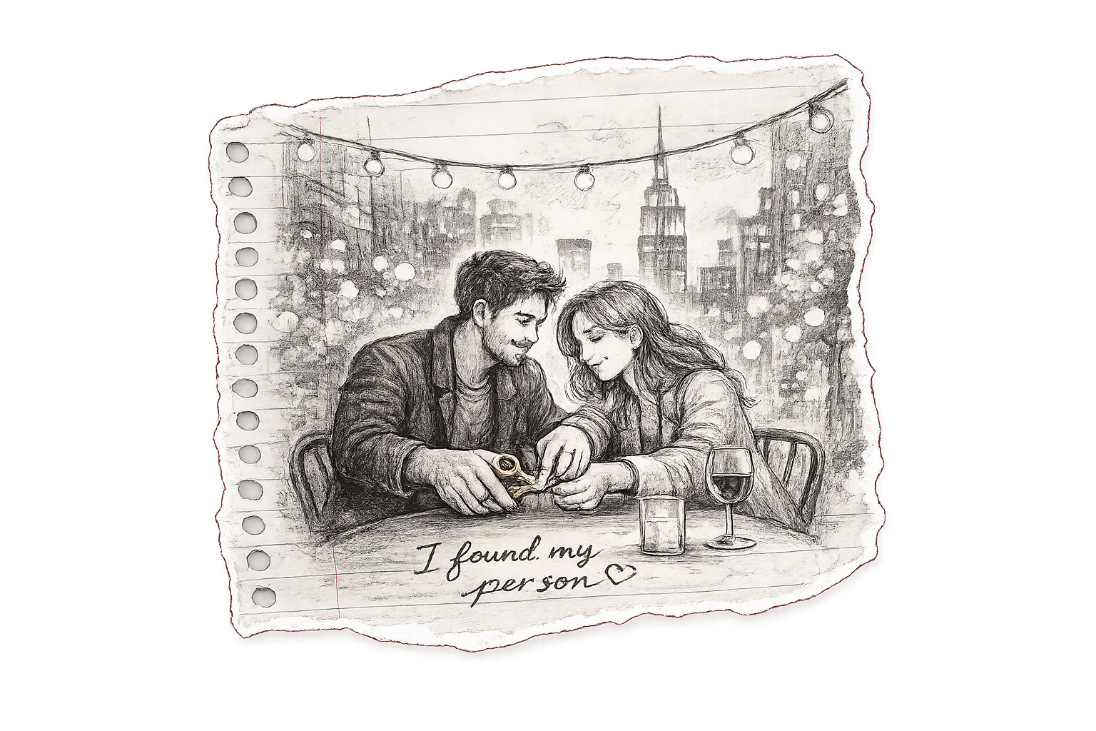 A sketch of a couple sitting at a table in a city setting under string lights, with a note that says 'I found my person' and a heart. They are looking at a small object together, with drinks on the table.