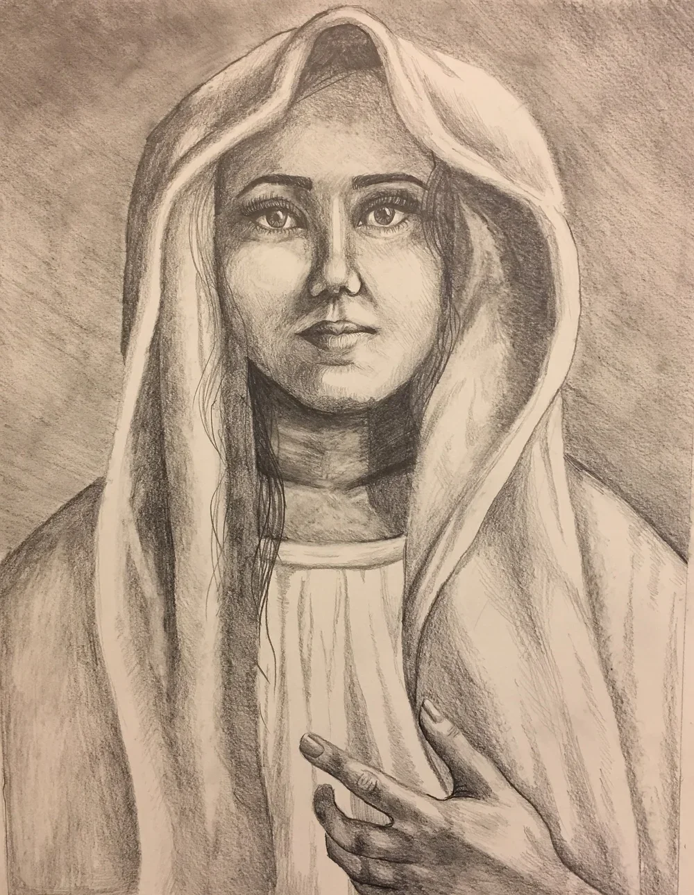 Self Portrait based off of the Self Portrait of Albrecht Durer by Nicole McKinney, pencil on drawing paper, 18 inches by 24 inches, finished in June 2018.