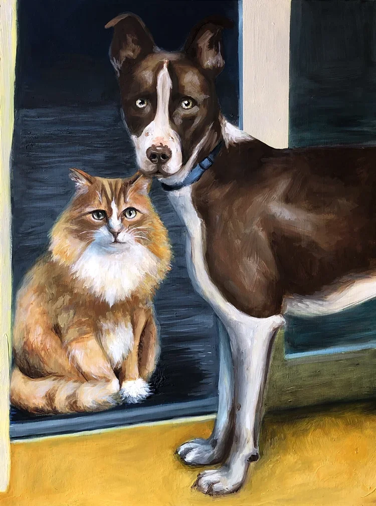 Henry and Max by Nicole McKinney, Oil Paint on Wooden Panel, 18 inches by 24 inches, finished in August 2020. Commission.