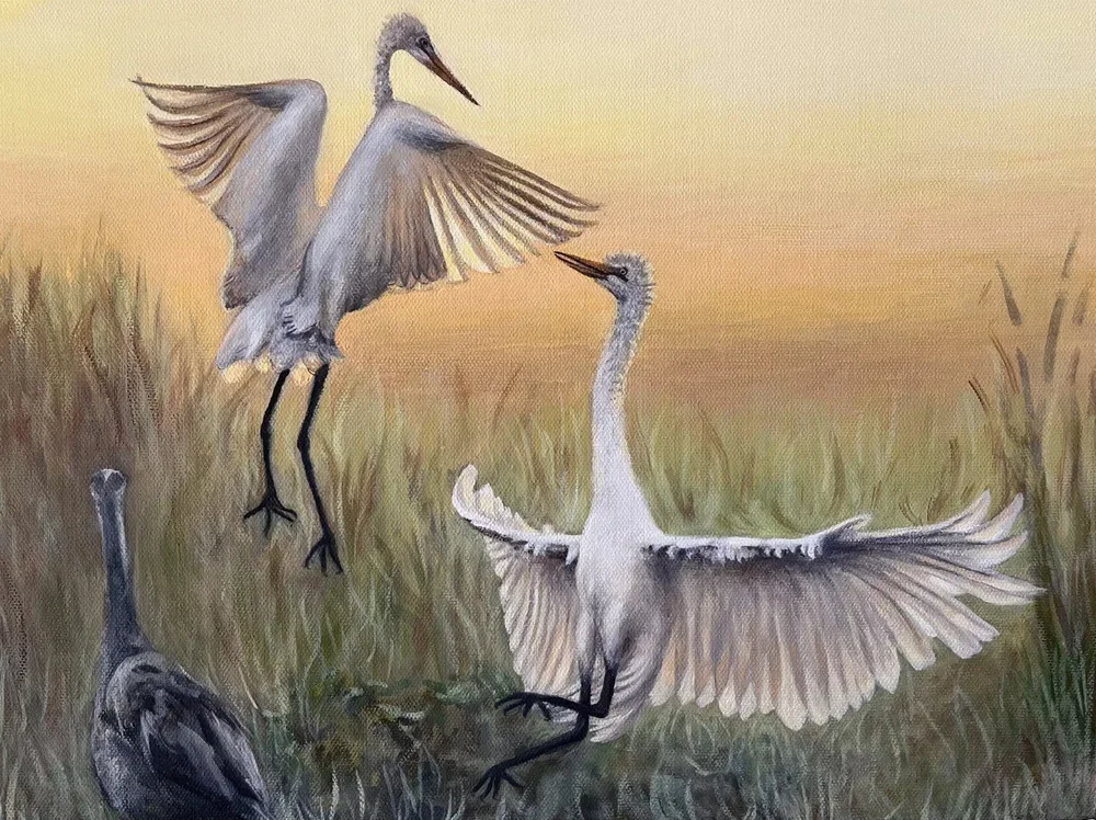 Egrets By Nicole McKinney, Oil Paint on Canvas, 12 inches by 16 inches, Finished in May 2022. This painting is based off a photograph by the wildly talented Samantha Kreling.