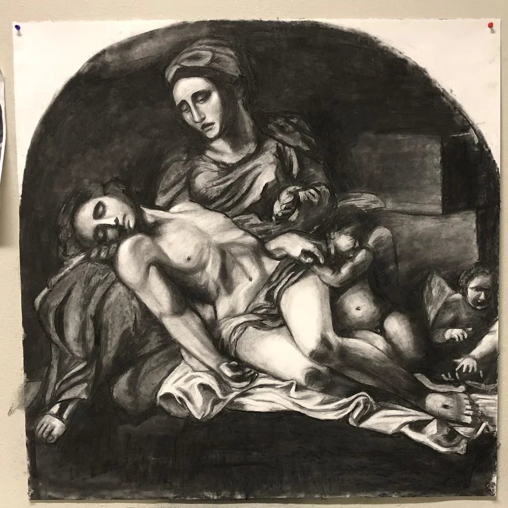 Copy of Annibale Carracci’s Pieta by Nicole McKinney, charcoal on drawing paper, 45 inches by 45 inches, finished Winter of 2020.
