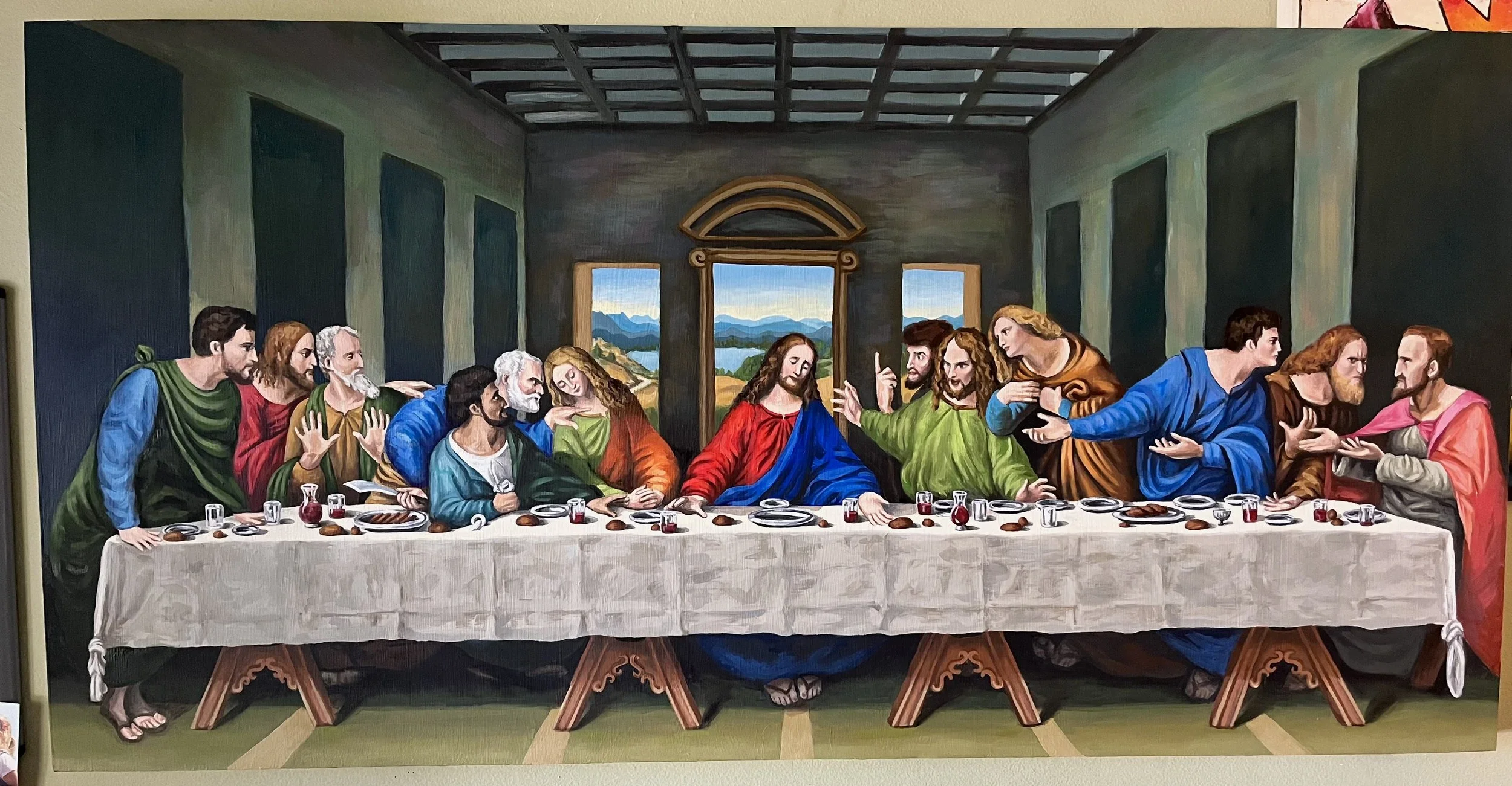 My Version of Leonardo Da’Vinci’s Last Supper, Oil Paint on Wooden Canvas, 2 feet by 4 feet, Finished in October 2023.
