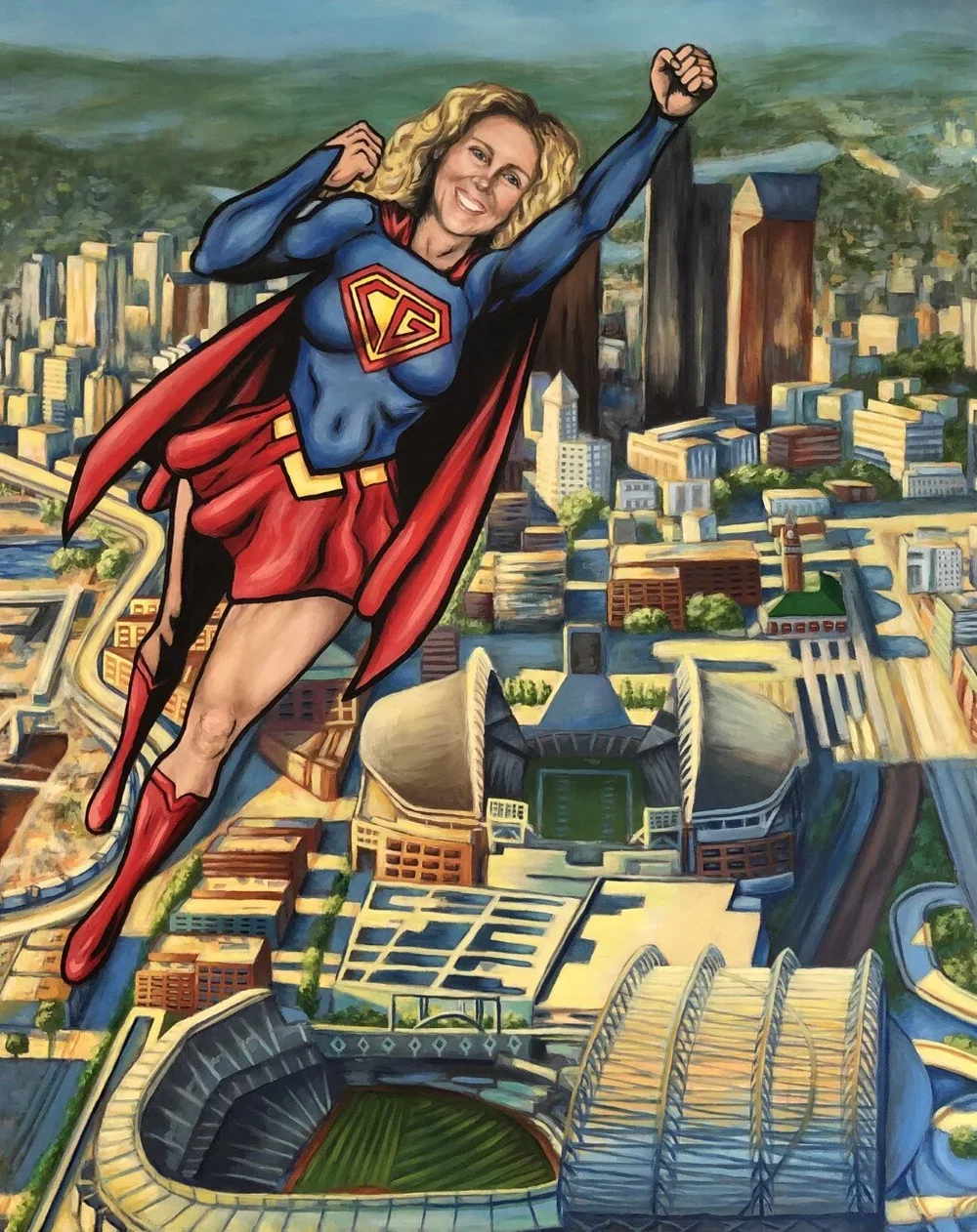Real World Superwoman by Nicole McKinney, Oil Paint on Wooden Canvas, 48 inches by 60 inches, finished in May 2021.