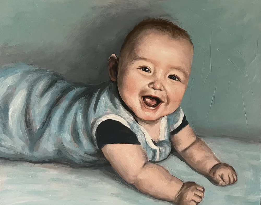 Jimmy, 6 Months Old by Nicole McKinney, Oil Paint on Wooden Canvas, 11 inches by 14 inches, Finished in March 2023.