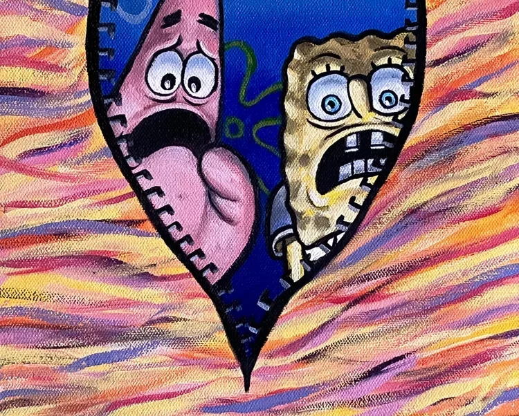 Spongebob Unzipped By Nicole McKinney, Oil Paint on Canvas, 8 inches by 10 inches, Finished in November 2022. 