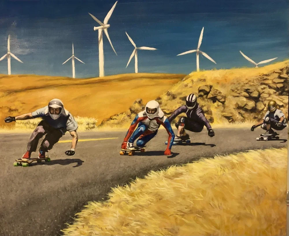 Downhill long boarders  By Nicole McKinney, Oil Paint on Canvas, 20 inches by 24 inches, finished in September 2021.
