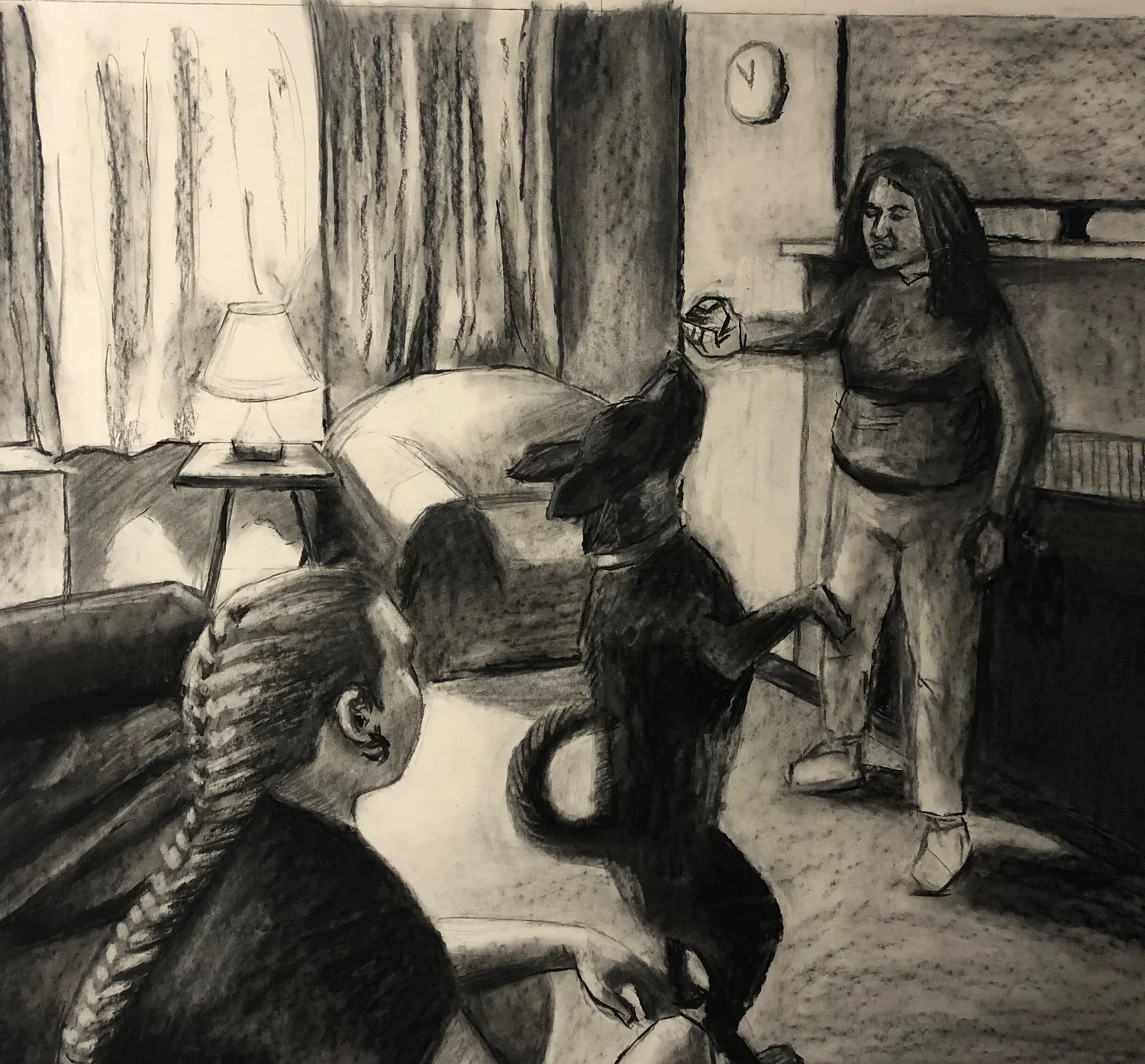 Final Drawing for a future painting ‘Cozy Den’ by Nicole McKinney, charcoal on drawing paper, 45 inches by 45 inches, finished in Winter of 2020.