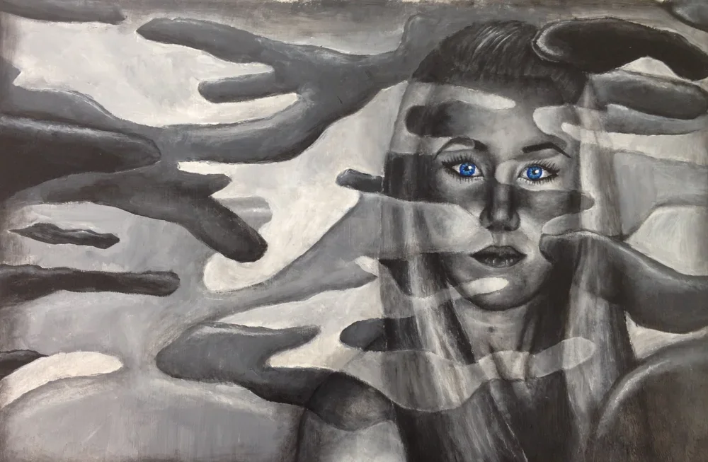 Self Portrait in Camo by Nicole McKinney, Acrylic paint on canvas paper, 11 inches by 17 inches, finished in 2013.