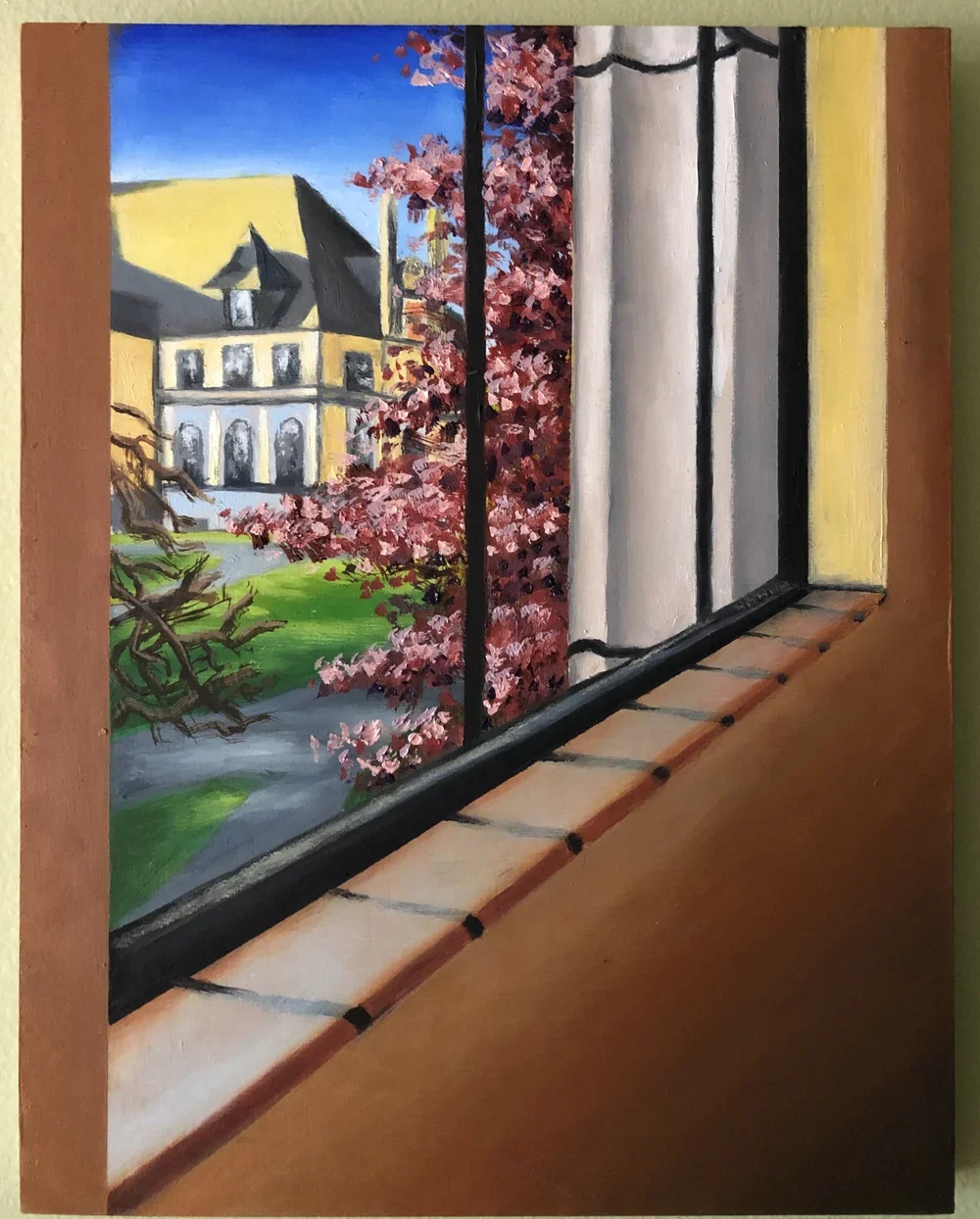 The view of Denny Hall from the art building by Nicole McKinney, Oil Paint on Canvas, 8 inches by 11 inches, finished Fall 2019.