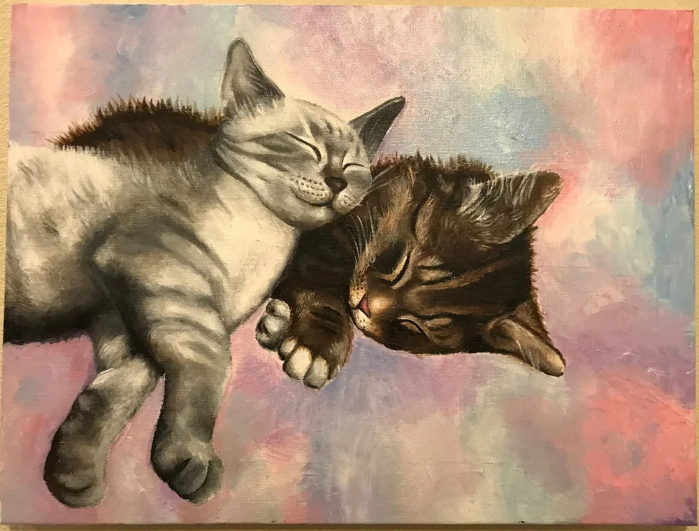 Poppi and Chester by Nicole McKinney, acrylic paint on canvas, 8 inches by 11 inches, finished in 2018.