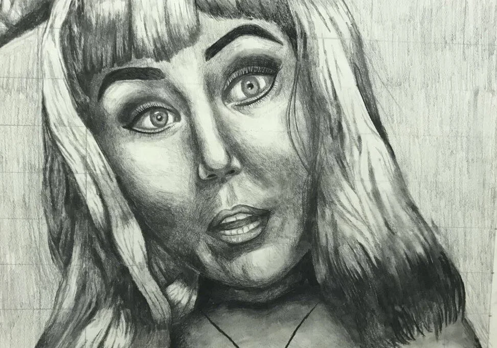 Playful Self Portrait in a Wig by Nicole McKinney, pencil on drawing paper, 18 inches by 24 inches, finished in December 2017.