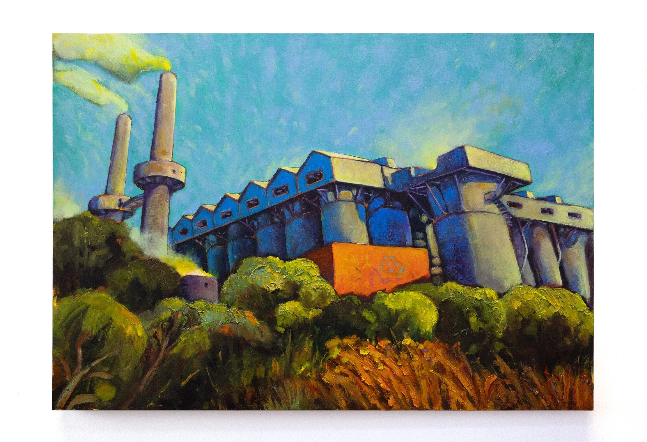 Factories with Scrub, 2024, oil on wood, 49 x 70cm
