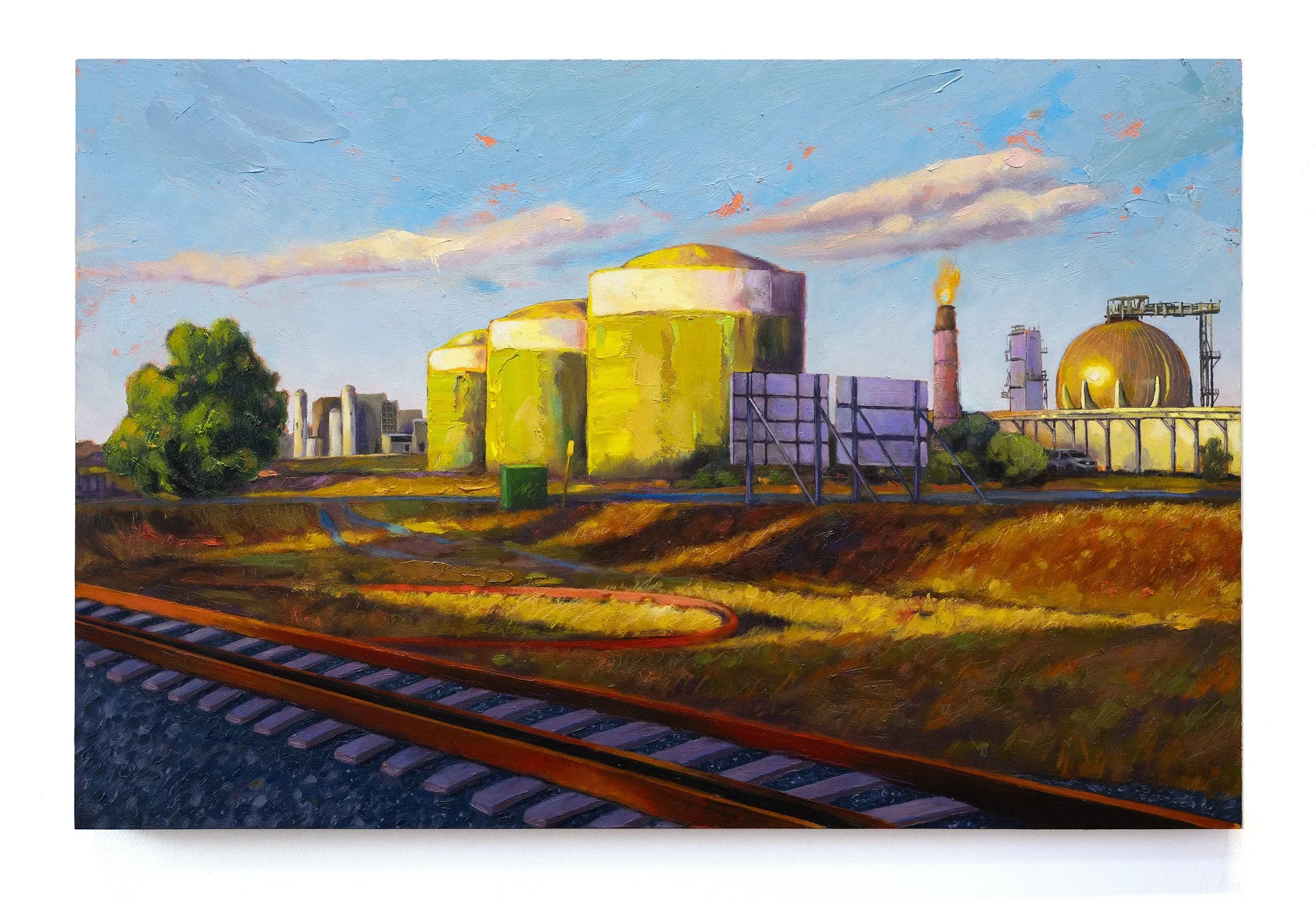 Train Tracks from Mason, 2024, oil on wood, 49 x 75cm
