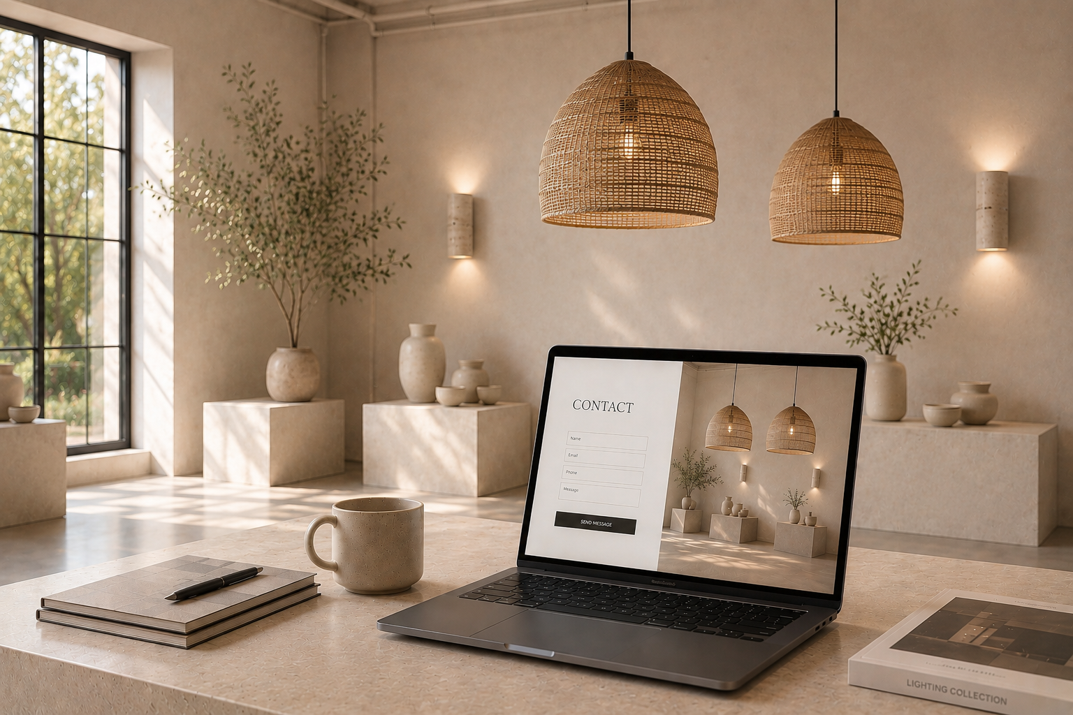 Modern workspace with a laptop displaying a contact form, notebooks and a mug on a beige marble table, decorated with potted plants and woven pendant lights in a bright room with large window and minimalist decor.