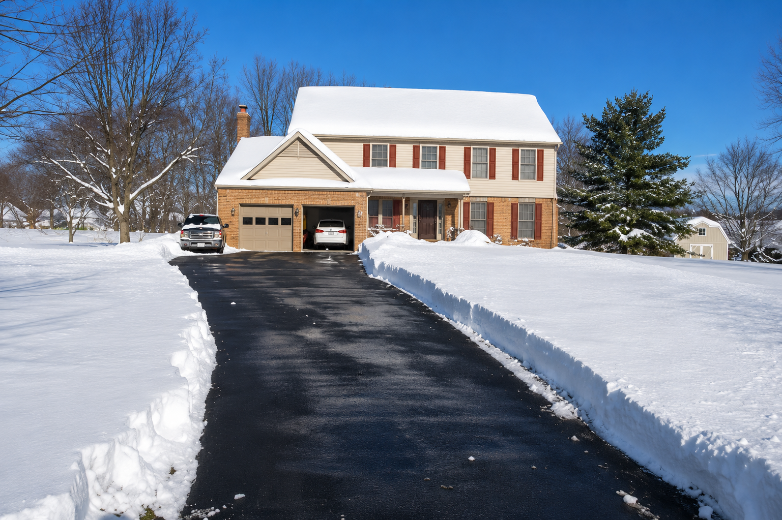 A two-story house with a brick and beige siding exterior, two garage doors with cars parked inside, and a driveway cleared of snow leading up to it. Snow covers the yard, trees without leaves, and the roof of the house. The sky is clear and blue.
