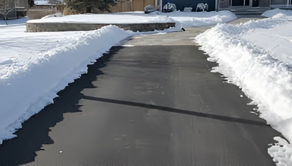 Snow-covered sidewalk with cleared pathway in a residential area.