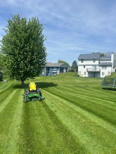 A lawnmower mowing a grassy yard in front of a large tree, with houses and a trampoline in the background under a blue sky.