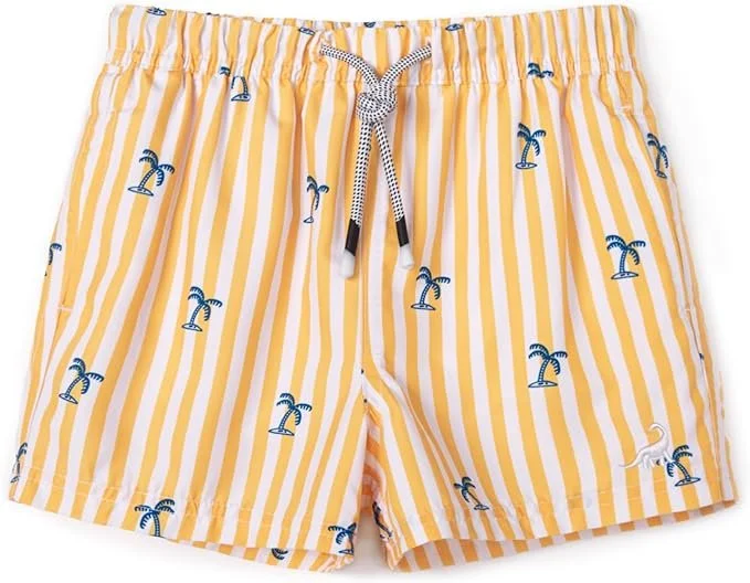 Yellow and white striped swim shorts with blue palm tree patterns and a black and white drawstring.