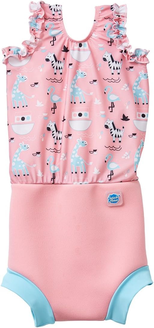 Baby swimsuit with pink ruffled straps featuring a cartoon zebra and flamingo print, with light blue trim around the bottom.