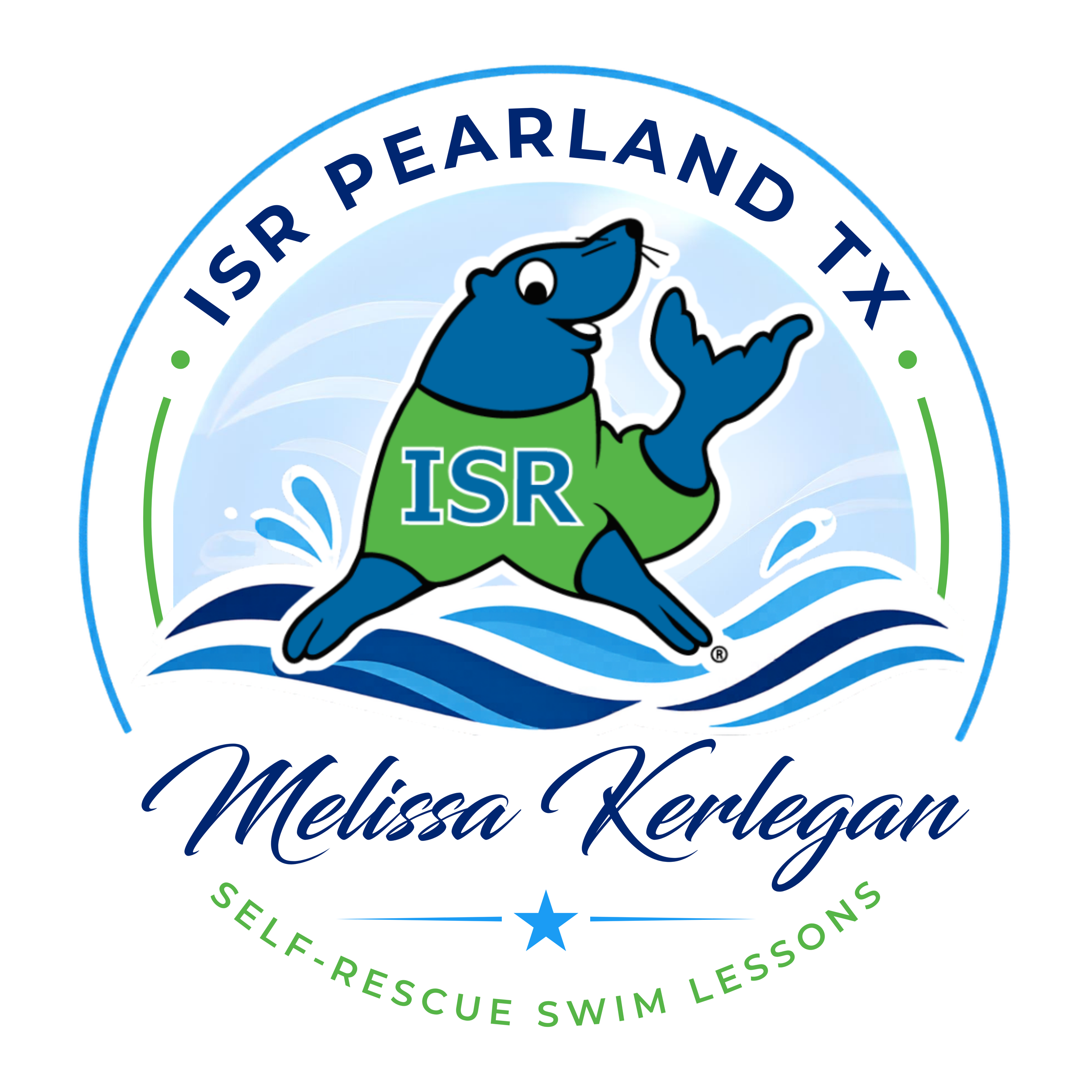 Logo of ISR Pearland TX - Melissa Kerlegan, featuring a cartoon blue seal with a green shirt with the text 'ISR', surrounded by water and a circular border with the text 'Self-Rescue Swim Less'.